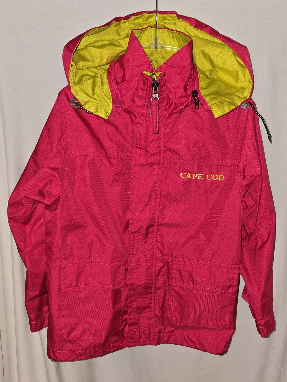 CAPE COD Kids' Hooded Raincoat in Pink with Yellow Lining & Writing